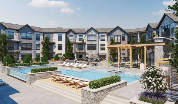 The Fieldston apartments community pool, lounge, and courtyard