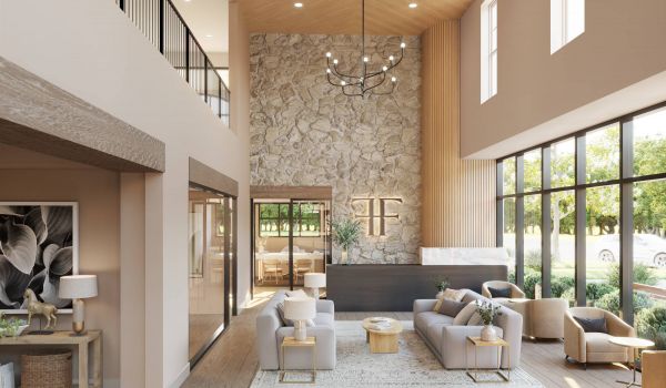 The Fieldston apartments community indoor lounge with high ceilings