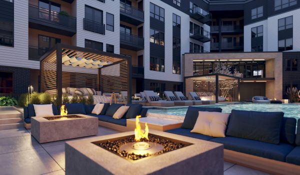 Oberon rendering of community outdoor lounge and fire pit