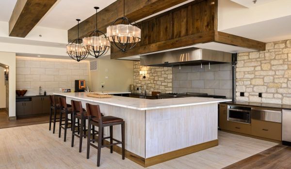 The Locale apartments community lounge and kitchen