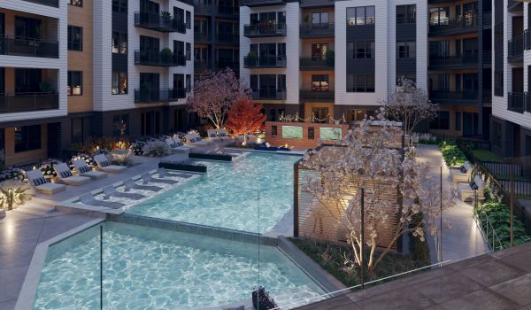 Oberon rendering of community pool and outdoor lounge