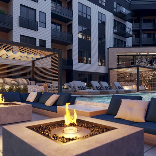Oberon rendering of community outdoor lounge and fire pit