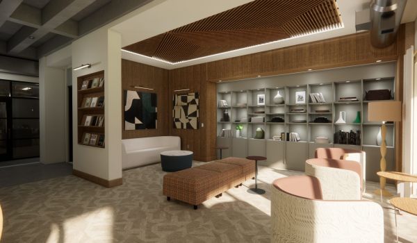 Sonder apartment community library rendering