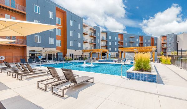 The Backyard at One North apartments pool and outdoor lounge