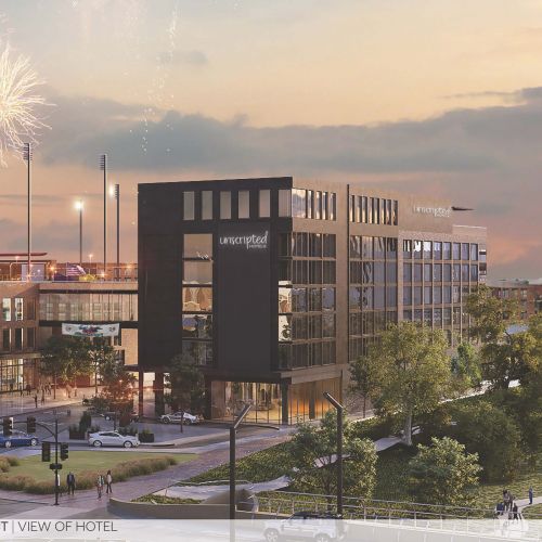 Delano Ballpark District building and street view with fireworks