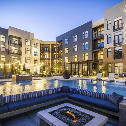 225 Sycamore apartment community pool and outdoor lounge