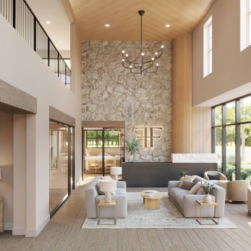 The Fieldston apartments community indoor lounge with high ceilings