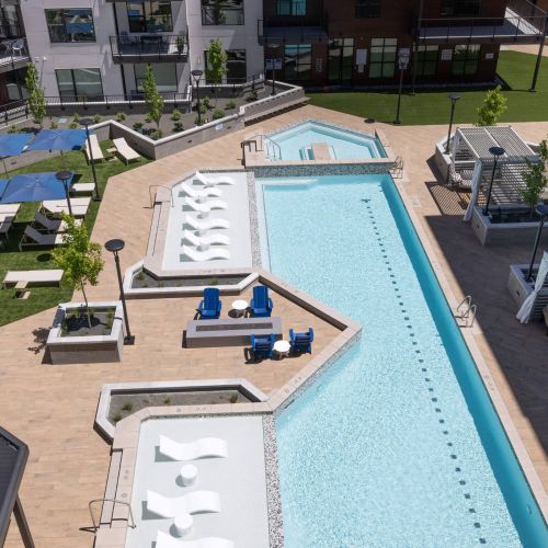 The Grandeur at Holladay Hills pool and outdoor lounge areal shot