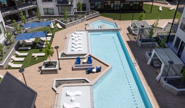The Grandeur at Holladay Hills pool and outdoor lounge areal shot