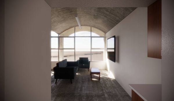 348 S Temple apartment unit interior with large rounded windows