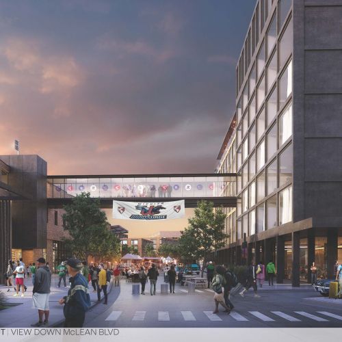 Delano Ballpark District riverfront hotel and retail exterior