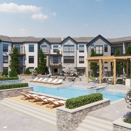 The Fieldston apartments community pool, lounge, and courtyard