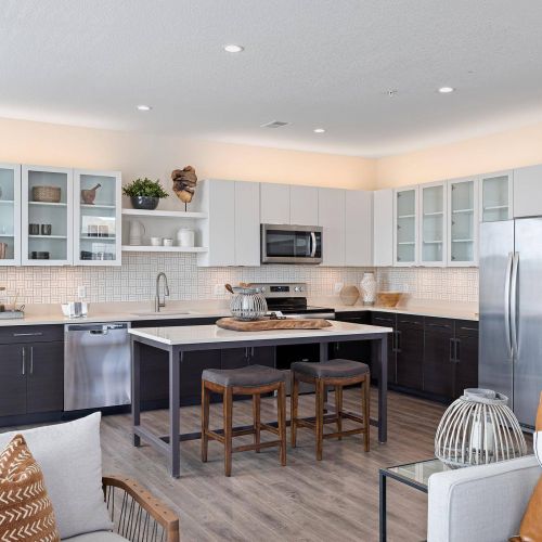 The Locale apartment kitchen with large island and high ceilings