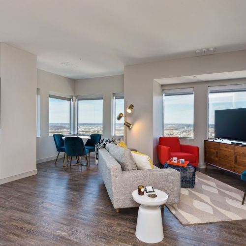 Commerce Tower apartment interior showcasing open floor plan and natural light
