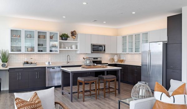 The Locale apartment kitchen with large island and high ceilings